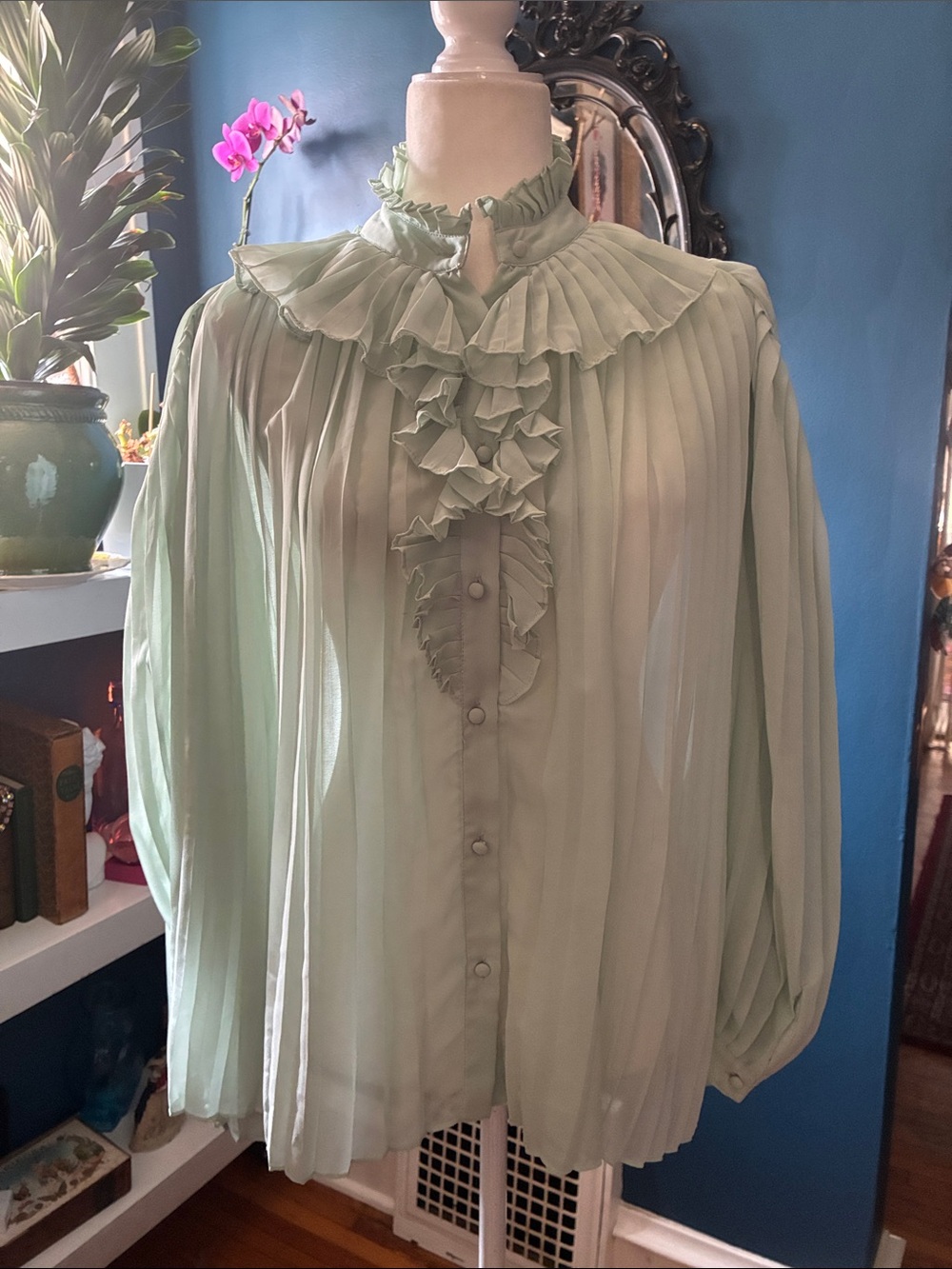 Walter Baker Pleated Ruffle High-Neck Blouse in Sage Green